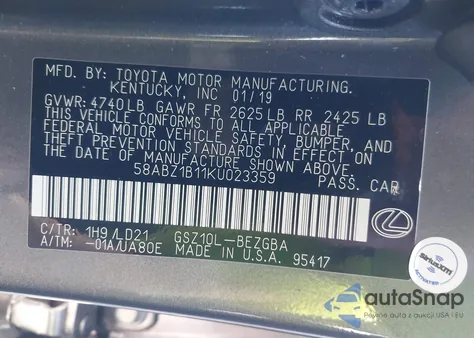 2019 Lexus Es 350 z USA, uszkodzony, nr VIN 58ABZ1B11KU023359